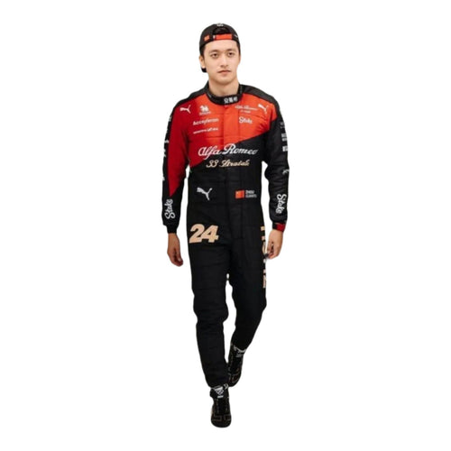 F1 race suit in red and black with Alfa Romeo logos, Puma accents, and number 24
