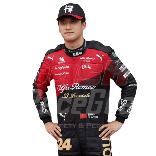 F1 race suit with red front panels, black sleeves, Alfa Romeo branding, and number 24