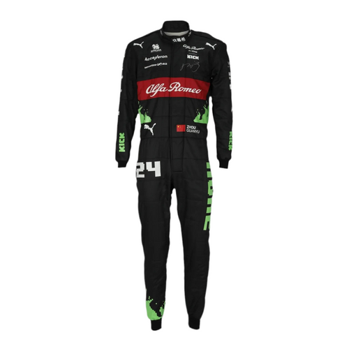 Alfa Romeo F1 racing suit in black with red and green sponsor panels, full front view