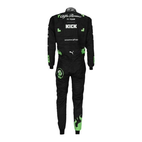 Alfa Romeo F1 racing suit, back view in black with green accents and sponsor graphics