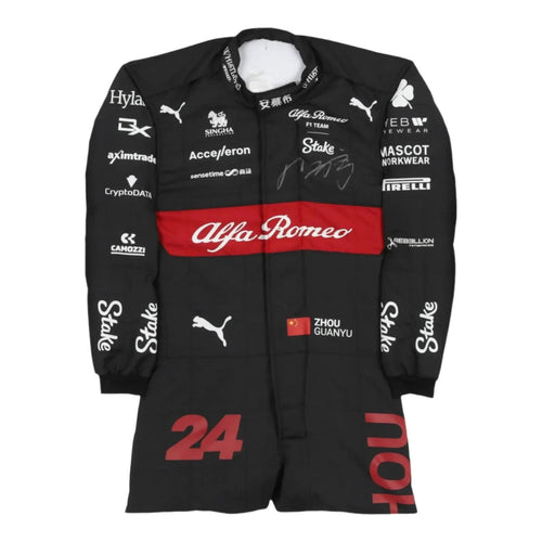 Black racing suit with Alfa Romeo, Stake and Puma logos on chest and sleeves