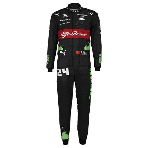 Black race suit with red mid stripe and green sponsor logos, number 24 on legs
