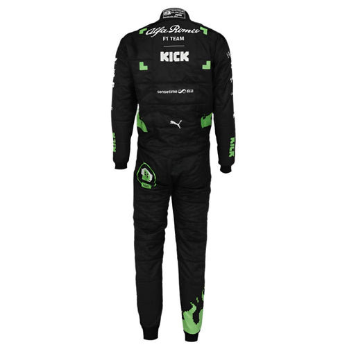 Black race suit back with green accents and large KICK logo, long sleeves