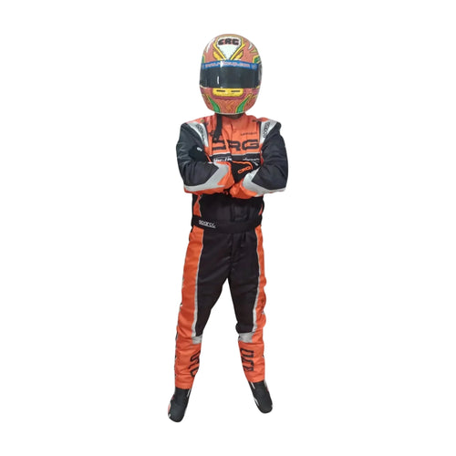 Go kart race suit replica in orange and black, full-length with hooded collar