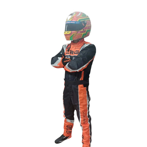 Go kart race suit replica in orange and black with chest logo, back view