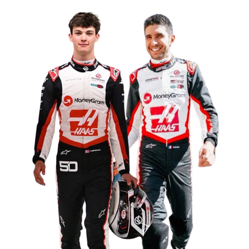 Kart racing suit in white, black, and red with full-zip front and sponsor logos