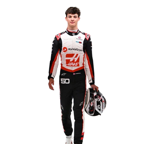 Kart racing suit in white and black with red accents, model holding a helmet