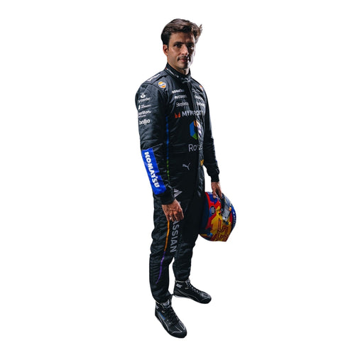 Dark blue racing jumpsuit with yellow trim, sponsor patches, long sleeves and boots
