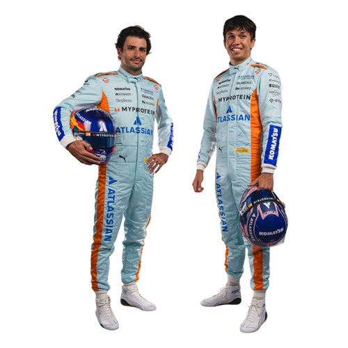 Light blue racing jumpsuit with orange side stripe panels and sponsor-style graphics; includes helmet