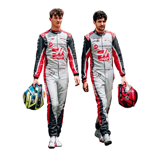 Racing driver suit with white base, red accents, black sleeves, and team logos