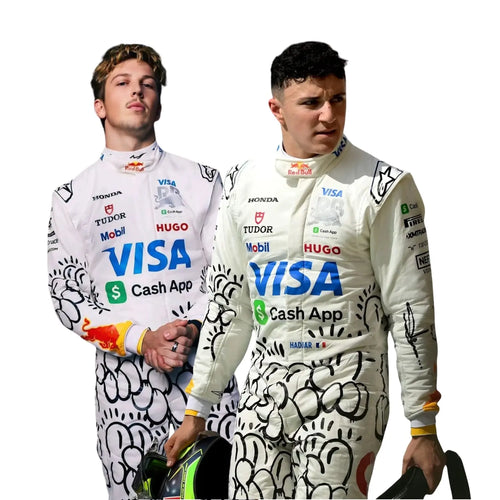 White racing suit with black doodle pattern, sponsor logos, long sleeves and pants