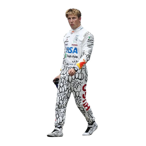 White one-piece racing suit with black doodle pattern and sponsor logos