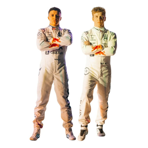 White racing kart suit with sponsor logos, long sleeves, arms crossed