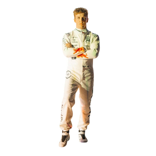 White racing kart suit with sponsor logos, full-body standing with arms crossed