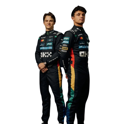 Race suit set in black with multicolor sponsor prints and flame-style side panels