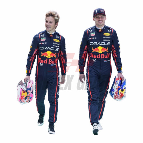 Racing jumpsuit in dark navy with red trim and Red Bull logo, full-body view with helmet bag