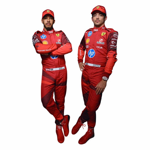 Red racing suit with helmet and boots, full-body front view, sponsor patches and number 44