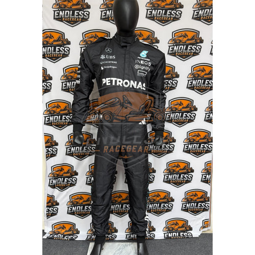 Black racing replica suit with PETRONAS logo and sponsor patches