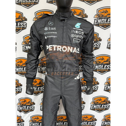Black racing replica suit with PETRONAS and INEOS sponsor logos