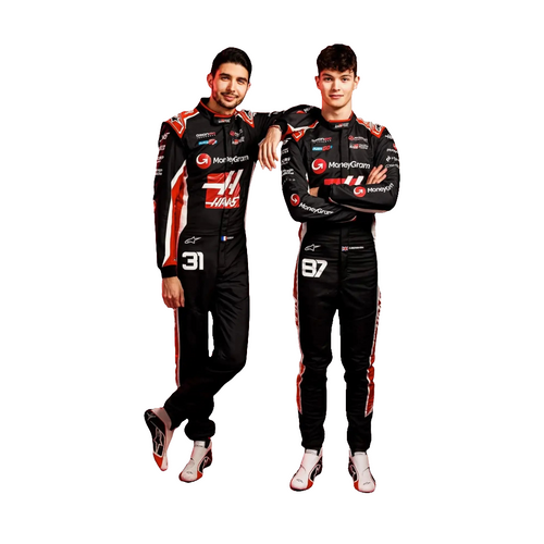 F1 replica racing suit, black with red side stripes and sponsor logos.