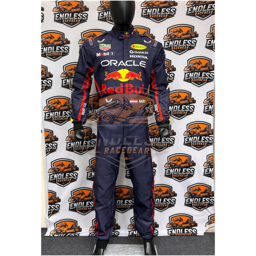 Navy racing suit with Red Bull and Oracle logos, red side stripes and long sleeves
