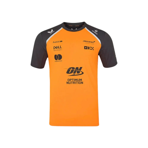 Orange and black replica race t-shirt with front sponsor logos
