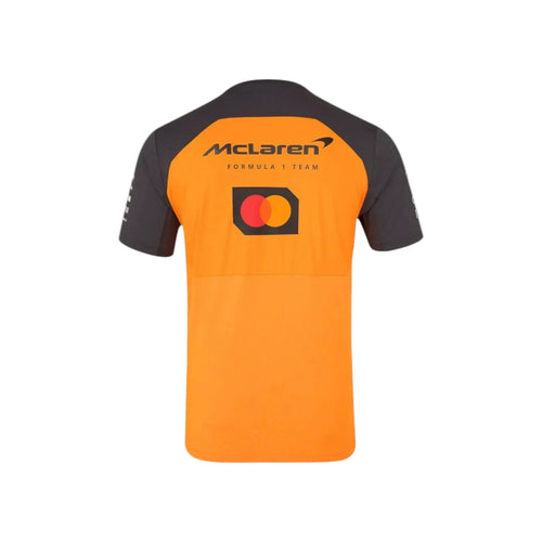 Orange replica t-shirt with black back yoke and McLaren Formula Team logo