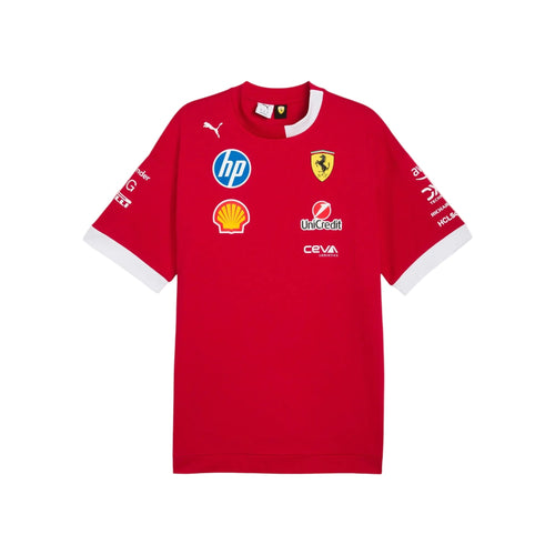 Red Scuderia Ferrari replica T-shirt with Puma logos and sponsor badges