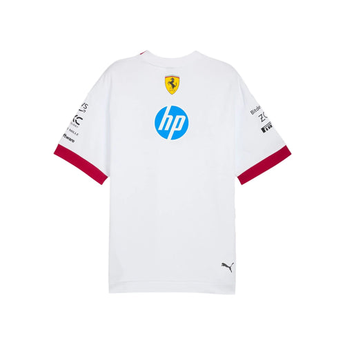 White Ferrari replica shirt back with Ferrari shield and HP logo; red sleeve trim