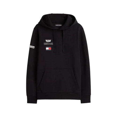 Cadillac F1 team replica hoodie, black pullover with front logo and drawstring hood