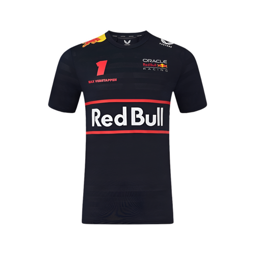 Black front graphic driver replica t-shirt with large Red Bull logo and red stripe