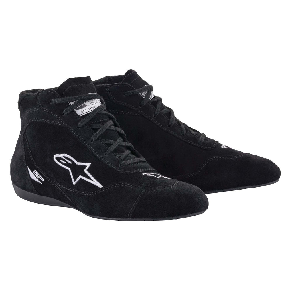 Black Alpinestars lace-up motorcycle boots with star logo on suede upper