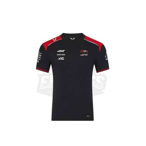 Black Haas F1 team t-shirt with red trim and front sponsor graphics