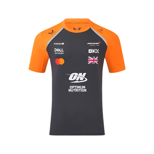 McLaren Norris replica T-shirt in orange and dark with UK flag and sponsor prints