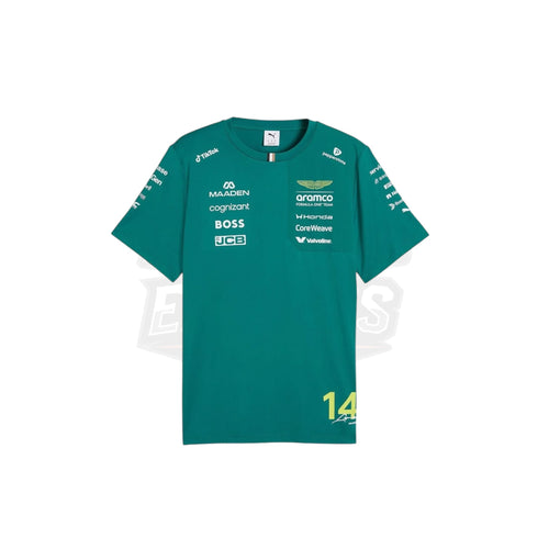 Teal green Aston Martin Aramco F1 replica T-shirt with number 14 front graphic