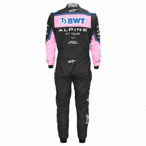 Black racing suit with pink sleeves, BWT and ALPINE logos, back view.