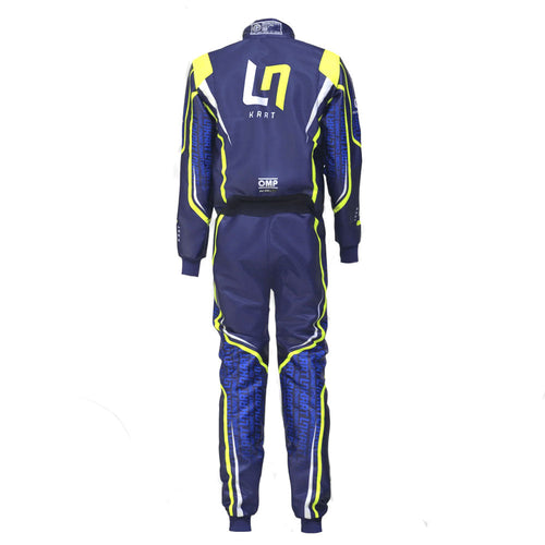 Navy kart race suit back view with neon yellow piping and L1 logo, full-length