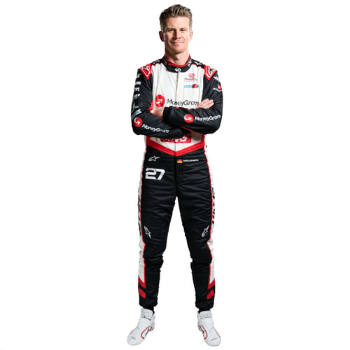 Black racing suit with red piping and Haas number patch on pants