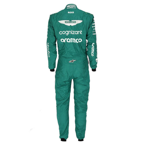 Green racing one-piece suit back view with sponsor logos and Aston Martin crest