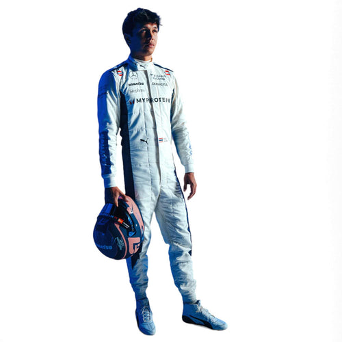 White and blue racing suit with blue side stripes, holding a helmet
