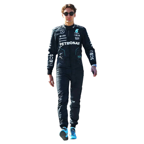 Black Mercedes-AMG F1 race suit with blue trim and full-body sponsor graphics