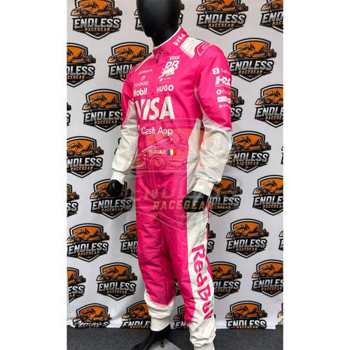 Pink and white racing suit with white sleeves and front sponsor graphics