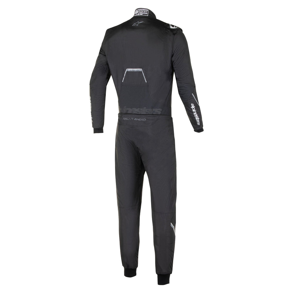 Black racing suit back view with vented paneling and contrast gray accents, zipper front.