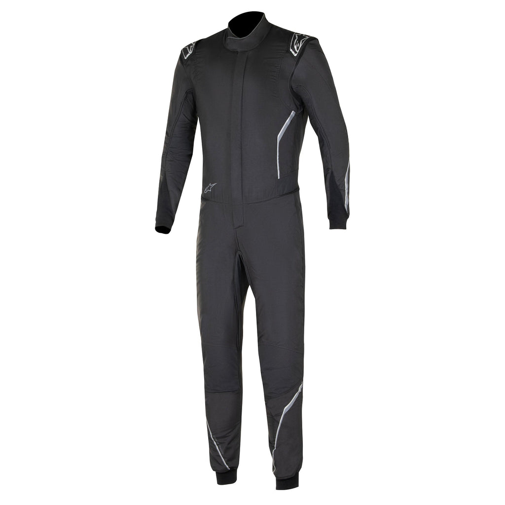 Black racing suit with front zipper, contrast gray details, padded knee panels.