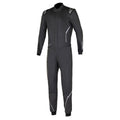 Black racing suit with front zipper, contrast gray details, padded knee panels.