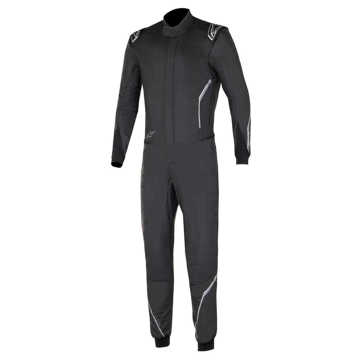 Black racing suit with front zipper, contrast gray details, padded knee panels.