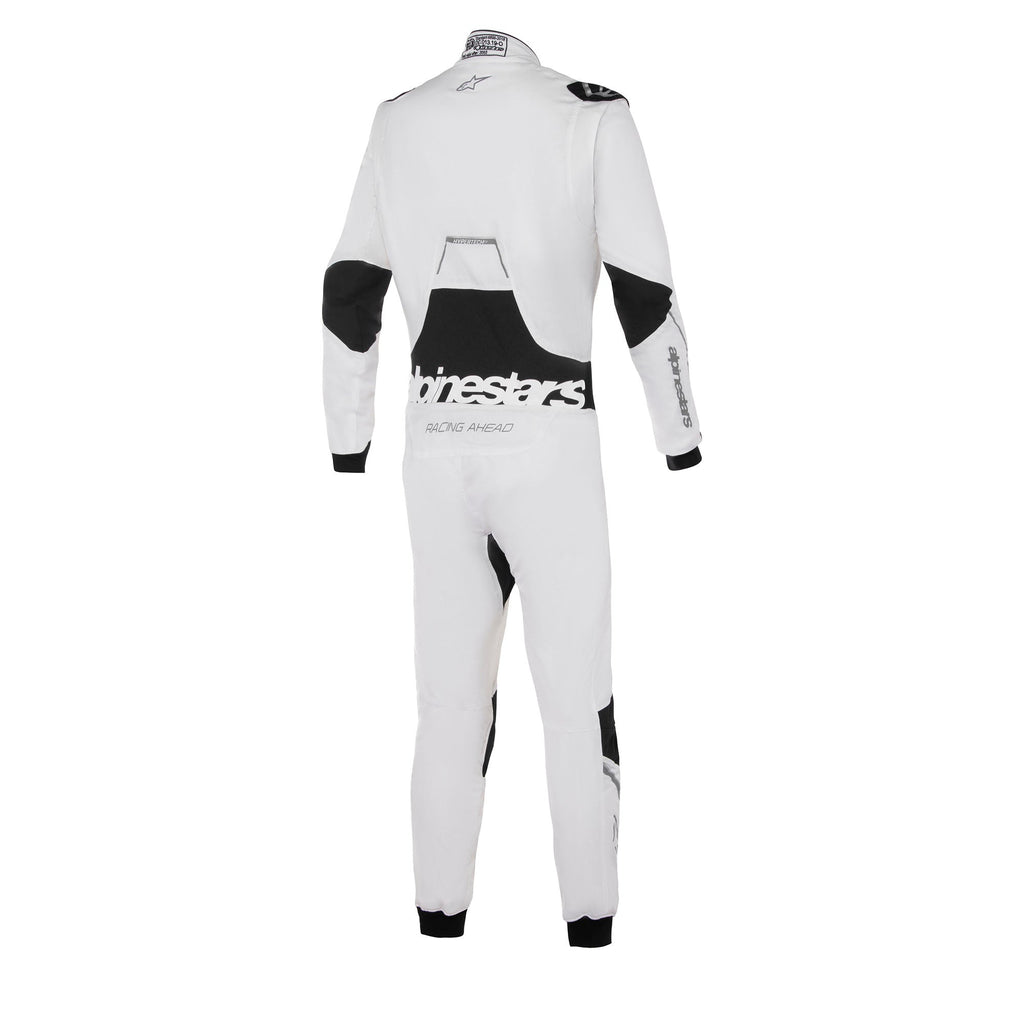 White racing suit with black back panels and branding, full-length zipper.
