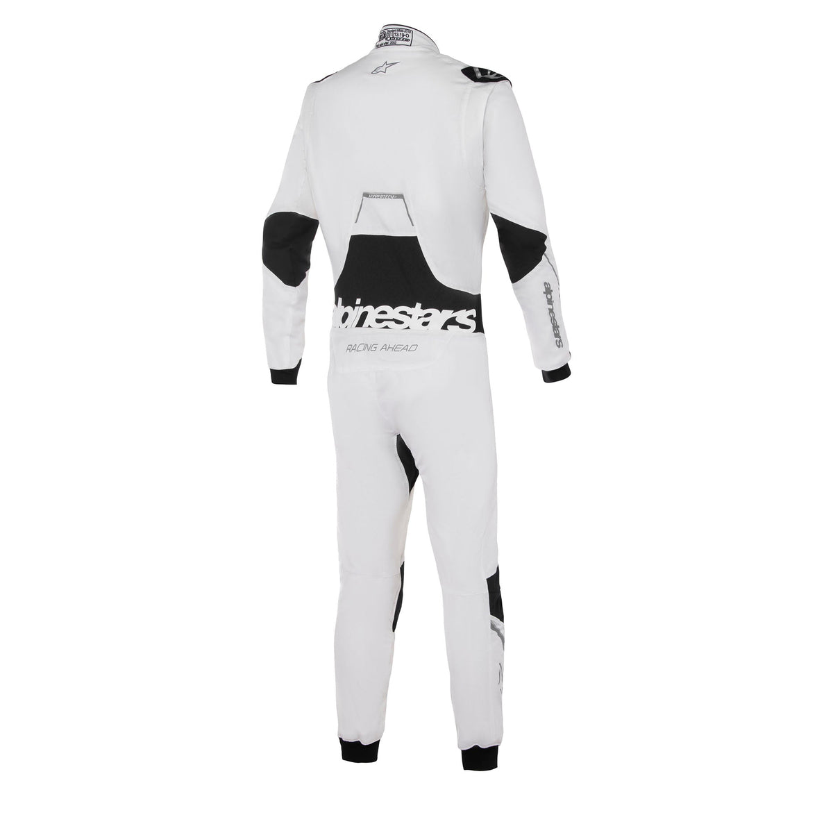 White racing suit with black back panels and branding, full-length zipper.