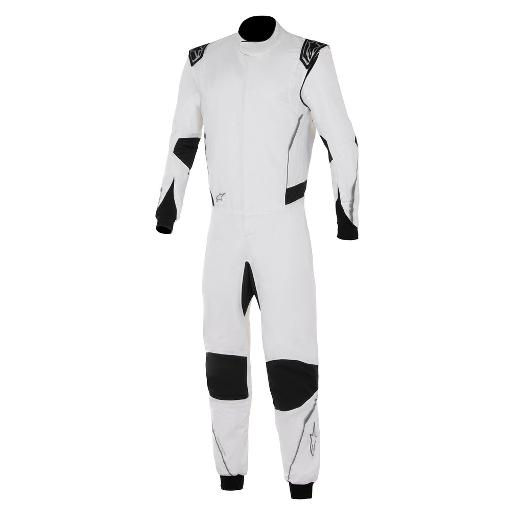 White racing suit with black knee and arm panels, full-length zipper.