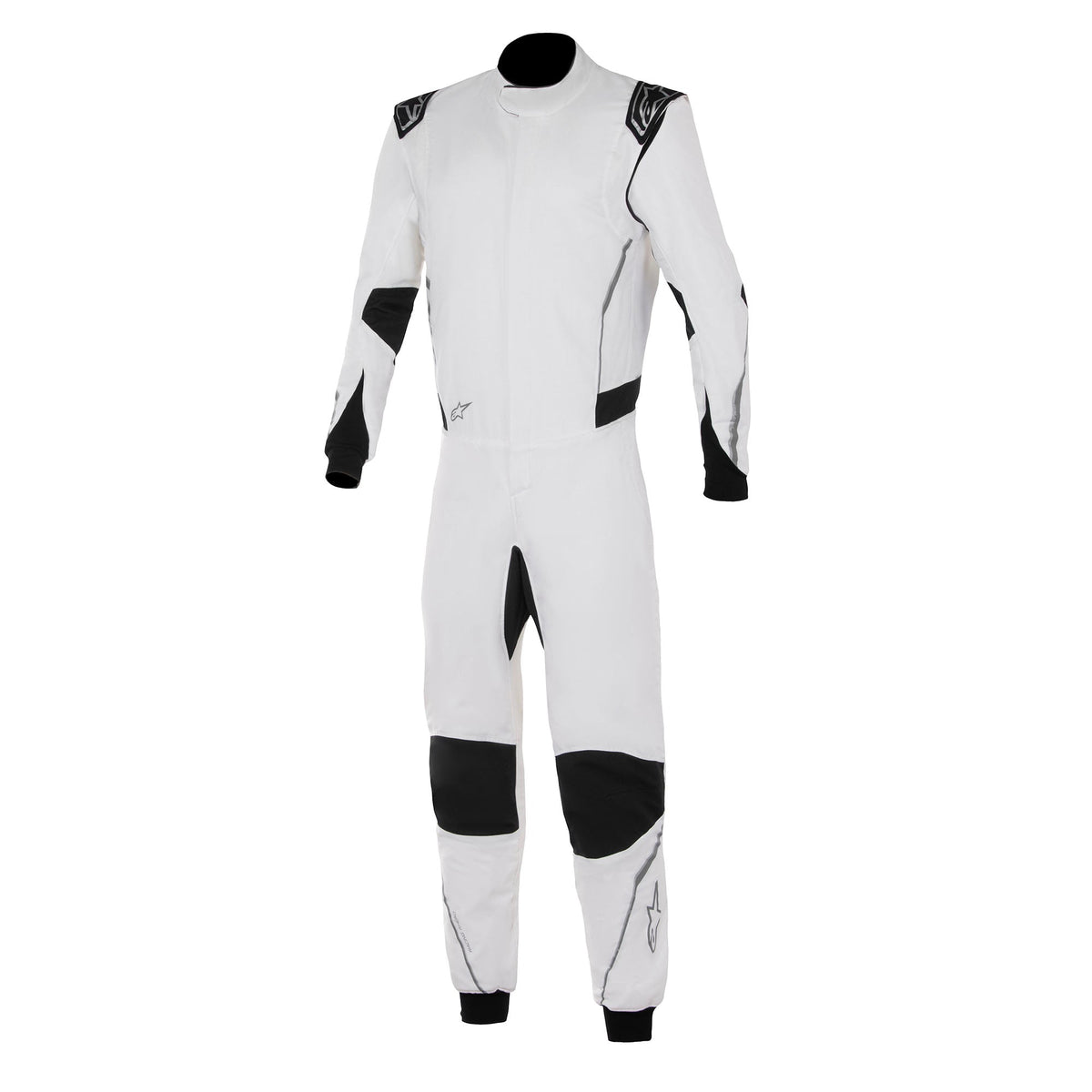 White racing suit with black knee and arm panels, full-length zipper.